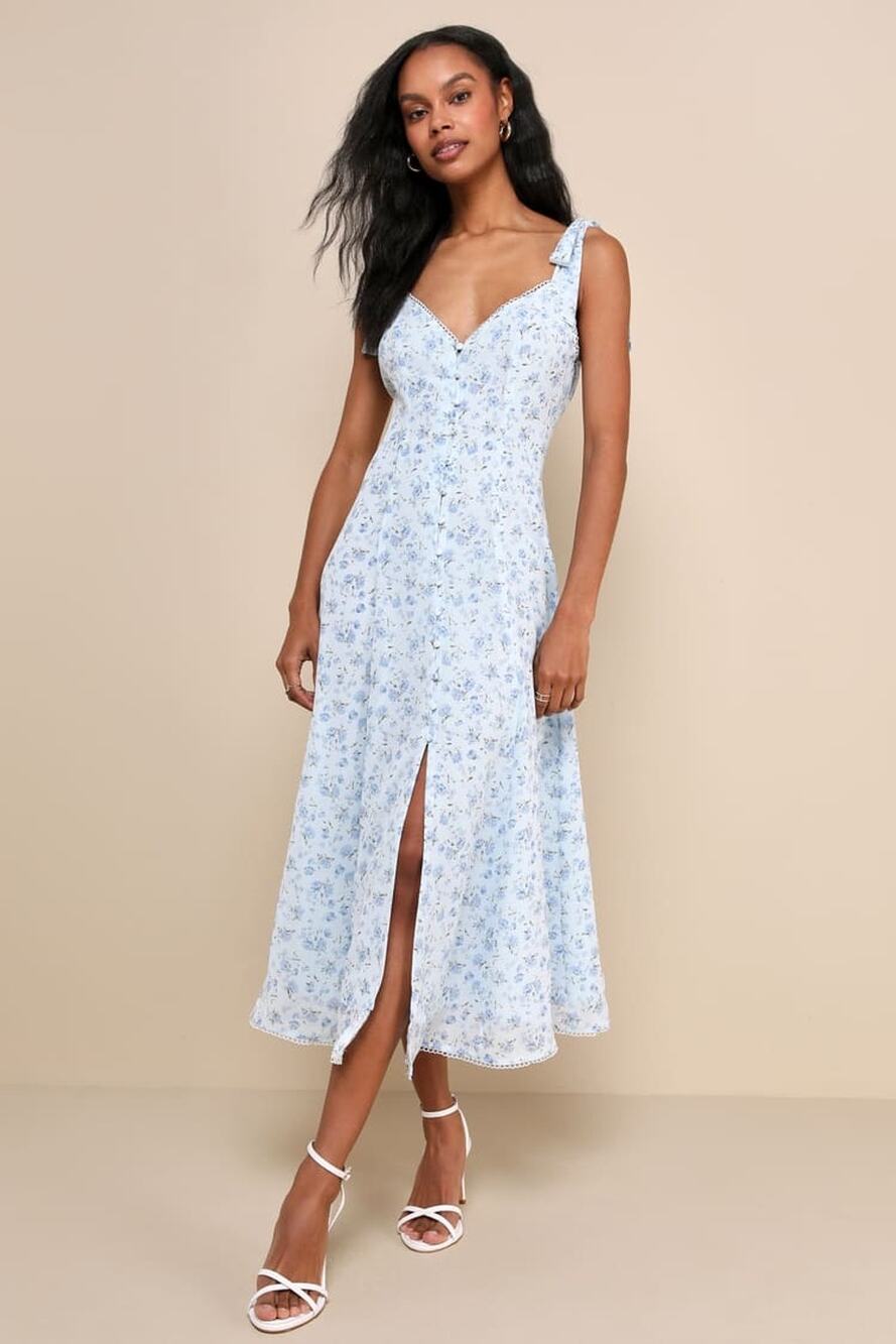 NWT Lulus Charismatic Persona Light Blue Floral Tie-Strap Midi Dress Medium